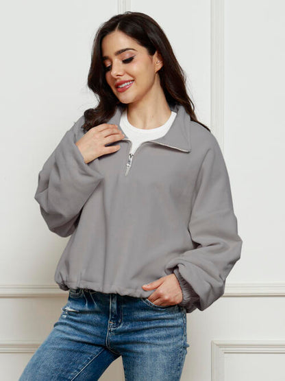 Half-Zip Collared Drop Shoulder Fleece Sweatshirt