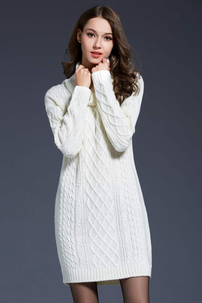 Mixed Knit Turtle Neck Dropped Shoulder Sweater Dress