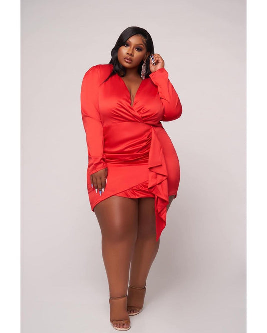 Red Longsleeve V-Neck Mini Wrap Dress