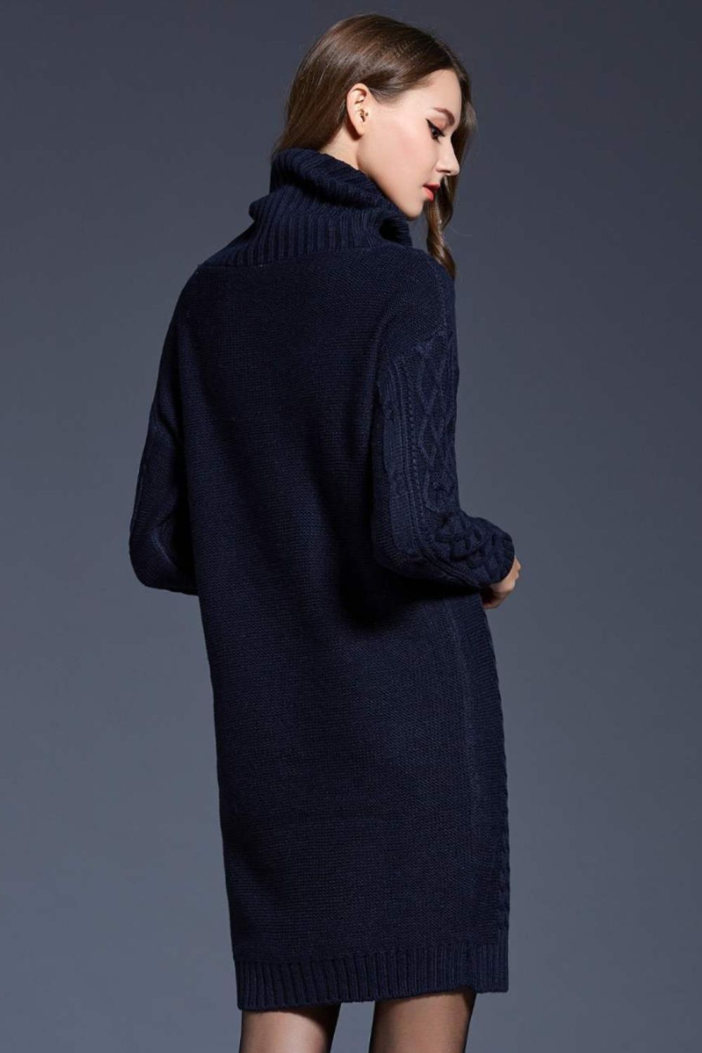 Mixed Knit Turtle Neck Dropped Shoulder Sweater Dress