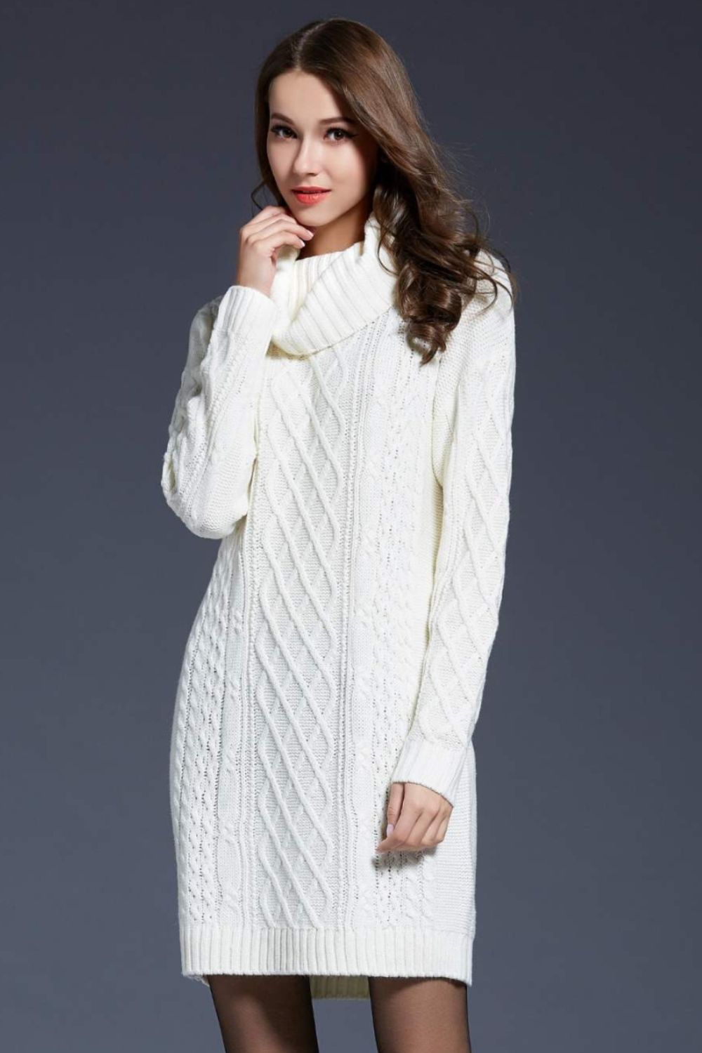 Mixed Knit Turtle Neck Dropped Shoulder Sweater Dress