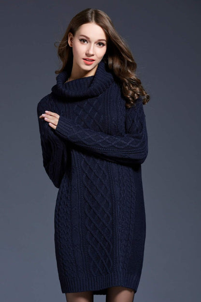 Mixed Knit Turtle Neck Dropped Shoulder Sweater Dress