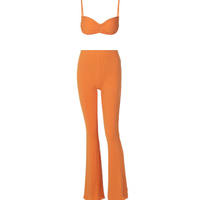 Spaghetti Strap Tie Wrap Top Flared Pants Set