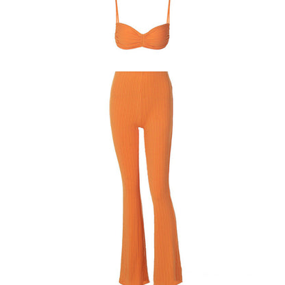 Spaghetti Strap Tie Wrap Top Flared Pants Set