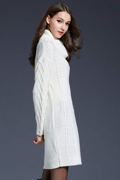 Mixed Knit Turtle Neck Dropped Shoulder Sweater Dress