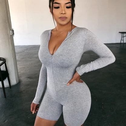 Long sleeve V-Neck Zip-Up Romper