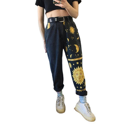 Black High Waisted Moon Sun & Stars Jeans