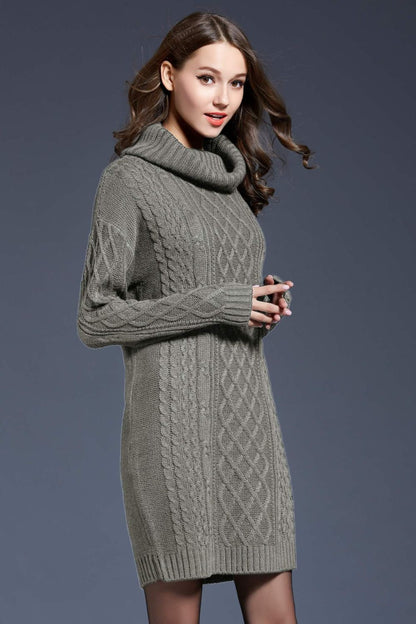 Mixed Knit Turtle Neck Dropped Shoulder Sweater Dress