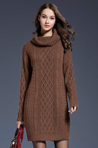 Mixed Knit Turtle Neck Dropped Shoulder Sweater Dress