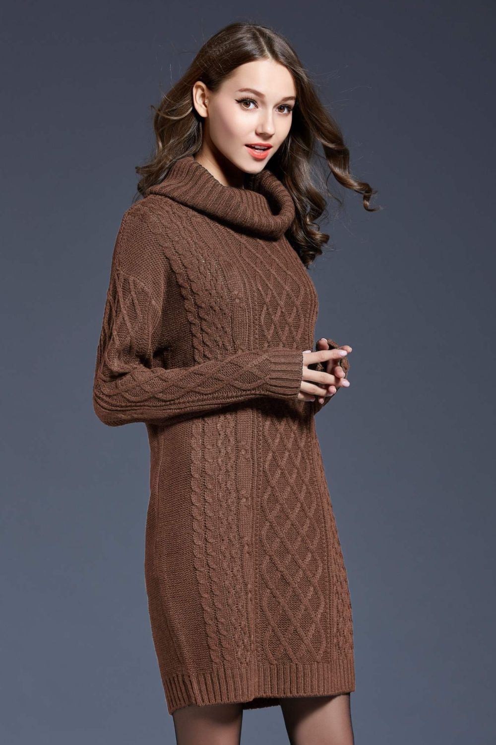 Mixed Knit Turtle Neck Dropped Shoulder Sweater Dress