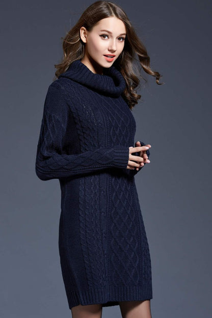 Mixed Knit Turtle Neck Dropped Shoulder Sweater Dress