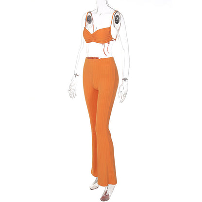 Spaghetti Strap Tie Wrap Top Flared Pants Set