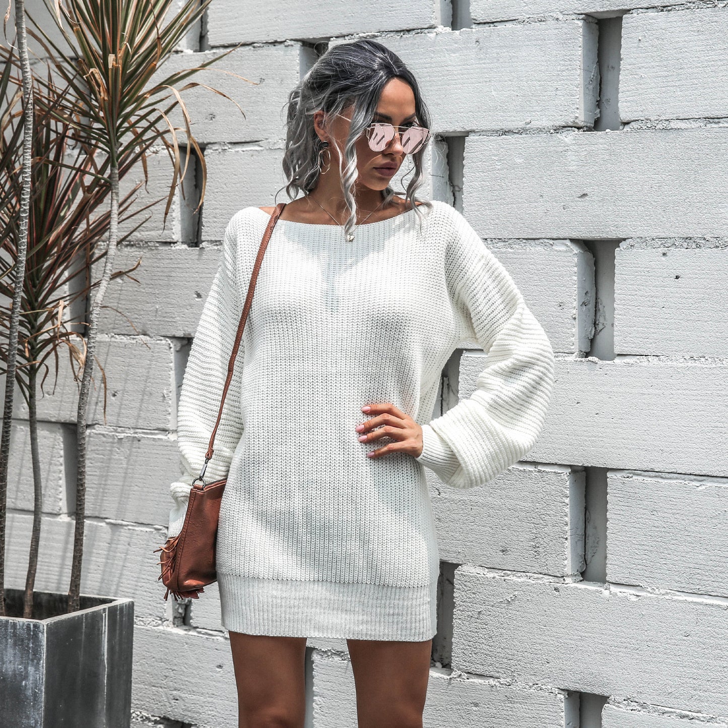 Off Shoulder Lantern Sleeve Knitted Sweater Dress