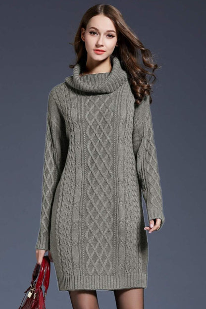 Mixed Knit Turtle Neck Dropped Shoulder Sweater Dress