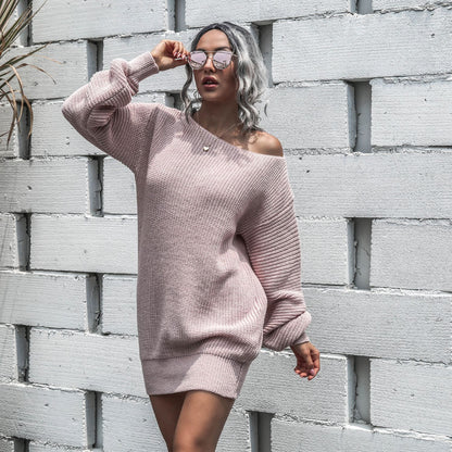 Off Shoulder Lantern Sleeve Knitted Sweater Dress