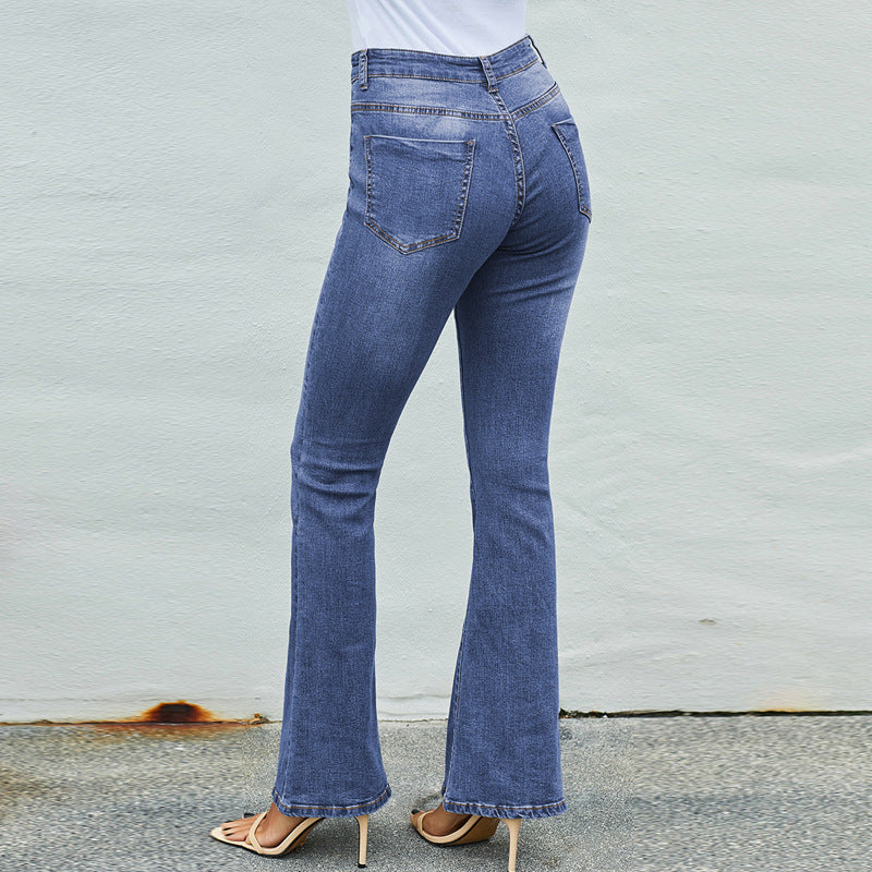 High-Waisted Stretch Distressed Mom Bell Bottom Jeans