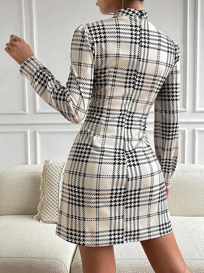 Houndstooth Mock Neck Cinched Mini Dress