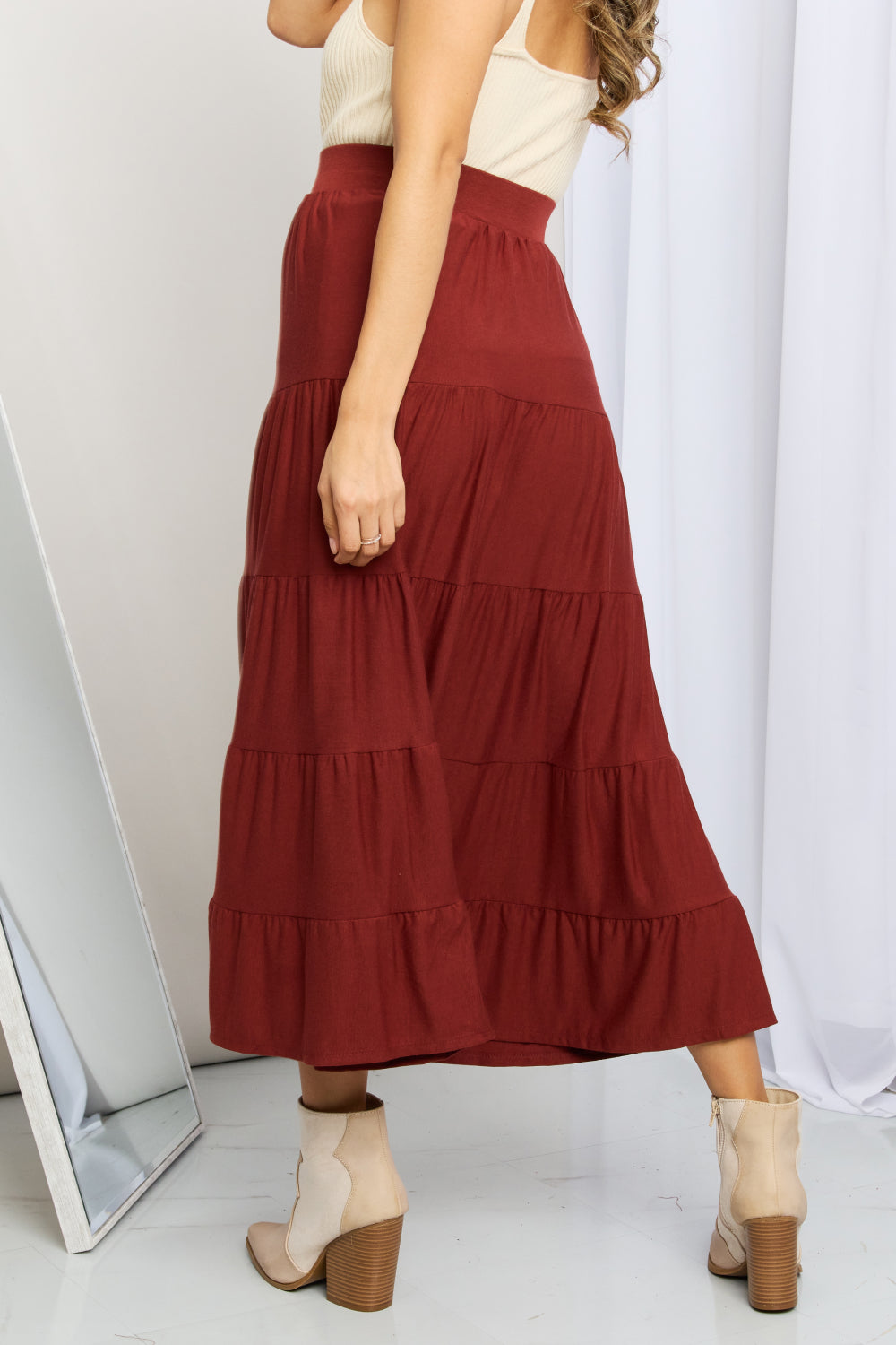 Wide Waistband Tiered Midi Skirt