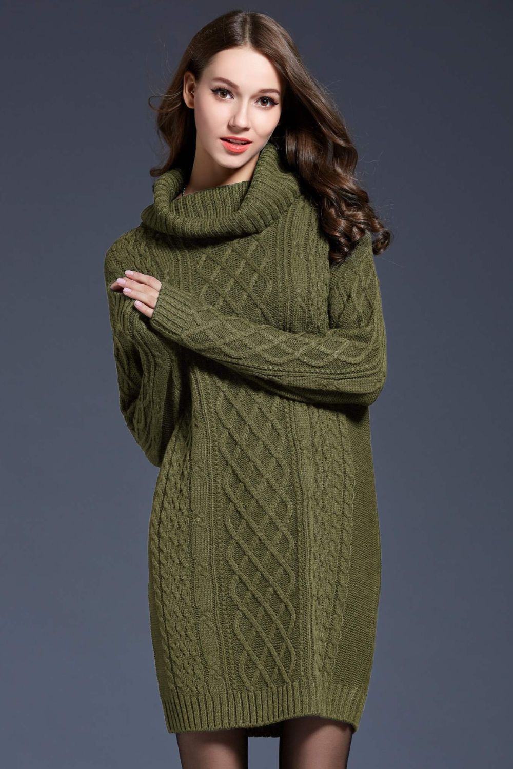 Mixed Knit Turtle Neck Dropped Shoulder Sweater Dress