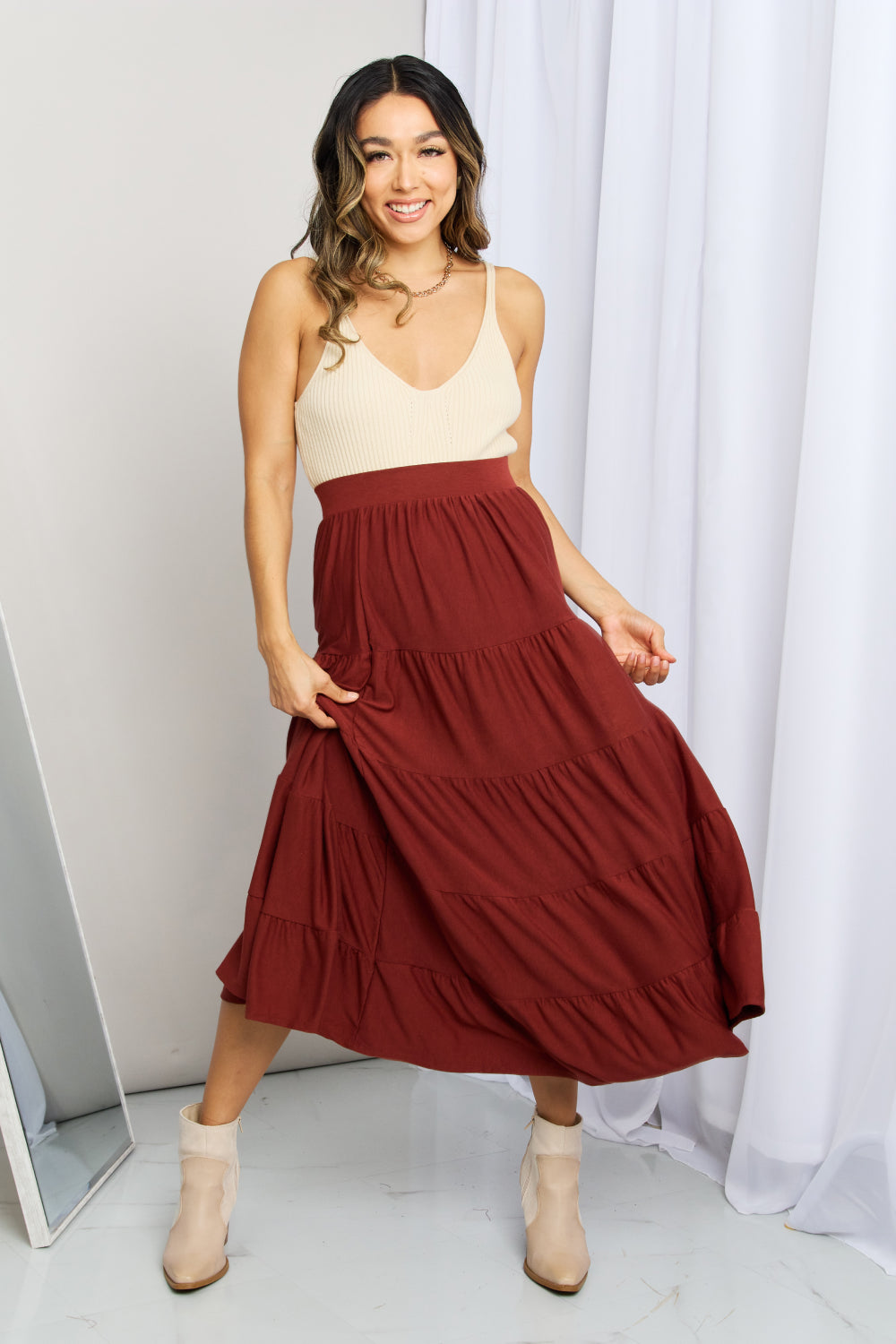 Wide Waistband Tiered Midi Skirt