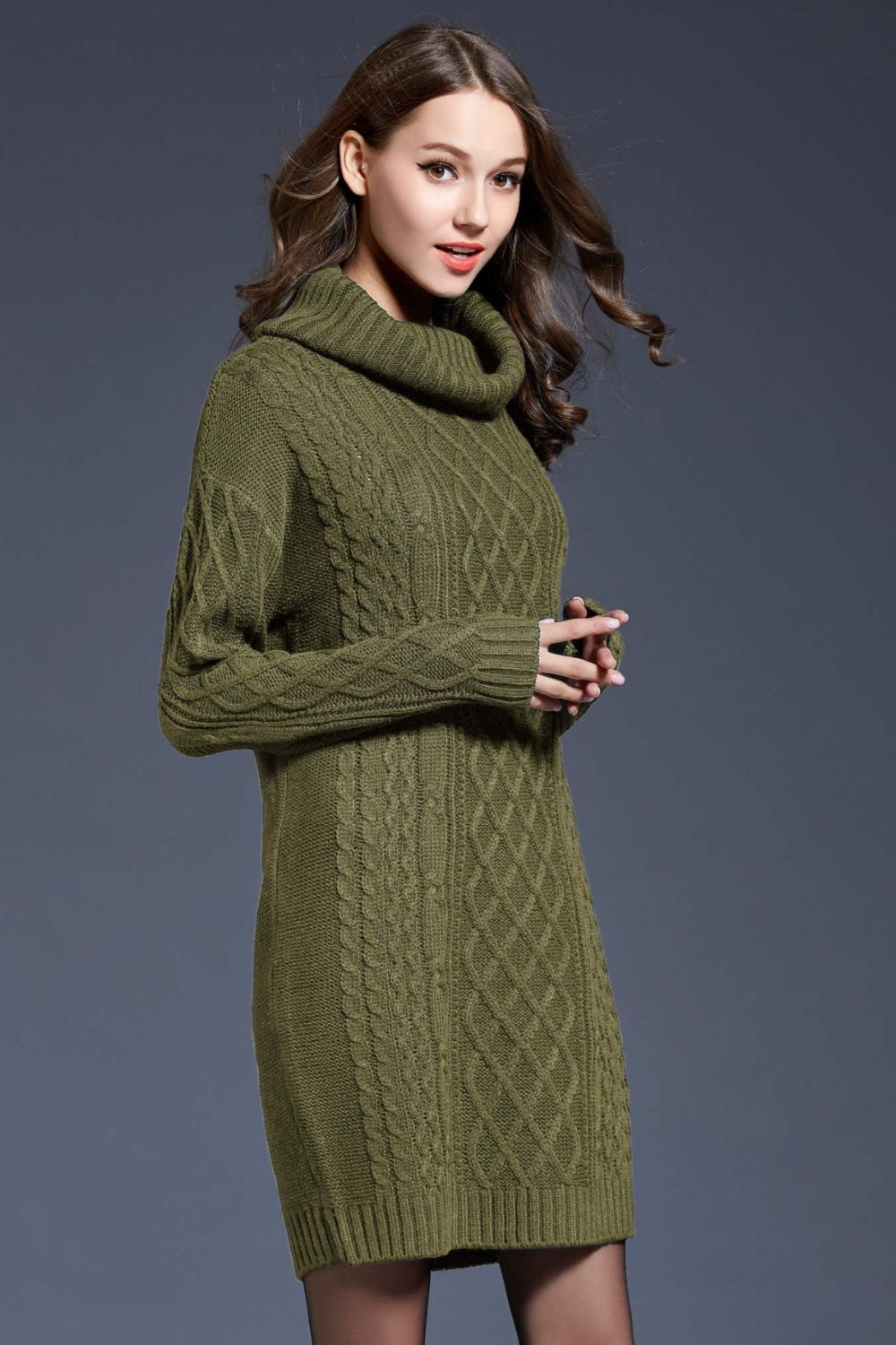 Mixed Knit Turtle Neck Dropped Shoulder Sweater Dress