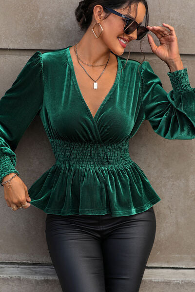 Surplice Lantern Sleeve Peplum Blouse