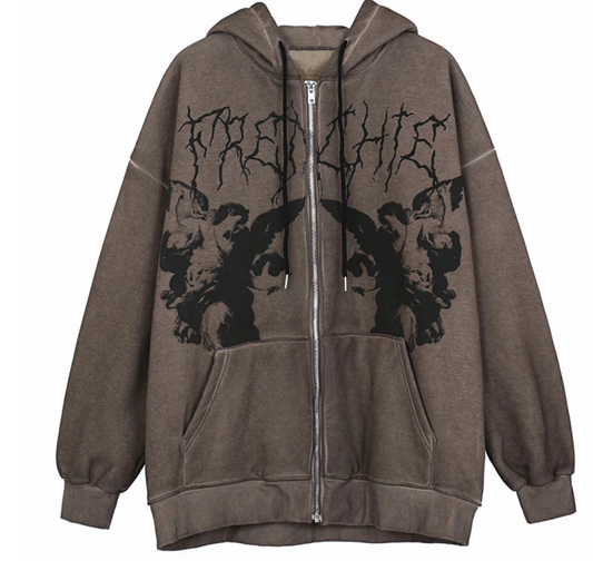 Angel Print Oversized Zip Up Hoodie