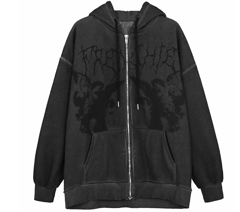 Angel Print Oversized Zip Up Hoodie