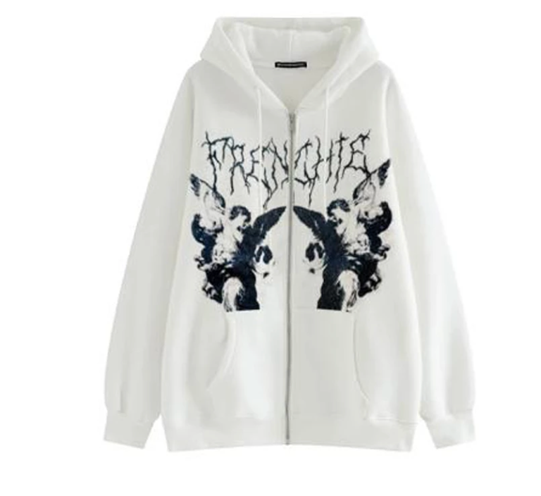 Angel Print Oversized Zip Up Hoodie