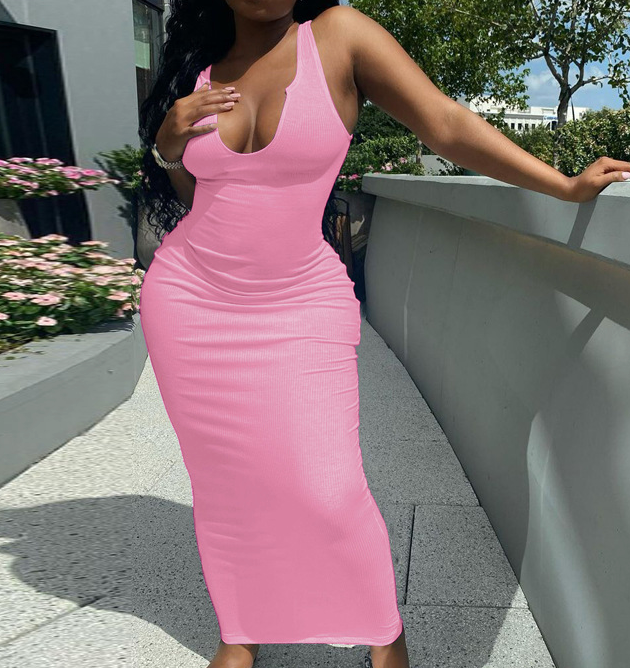 Ribbed Bodycon Dress V Neck Maxi Dress