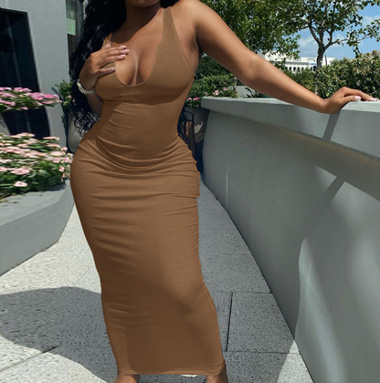 Ribbed Bodycon Dress V Neck Maxi Dress