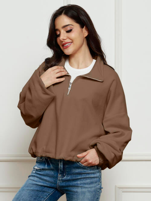 Half-Zip Collared Drop Shoulder Fleece Sweatshirt