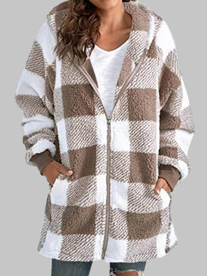 Plaid Zip-Up Hooded Jacket with Pockets