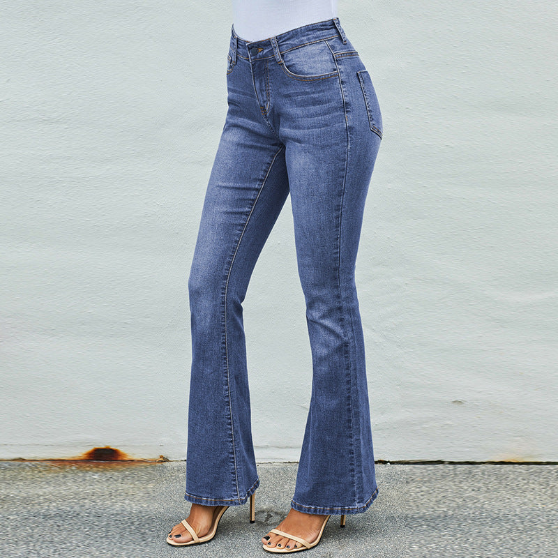 High-Waisted Stretch Distressed Mom Bell Bottom Jeans