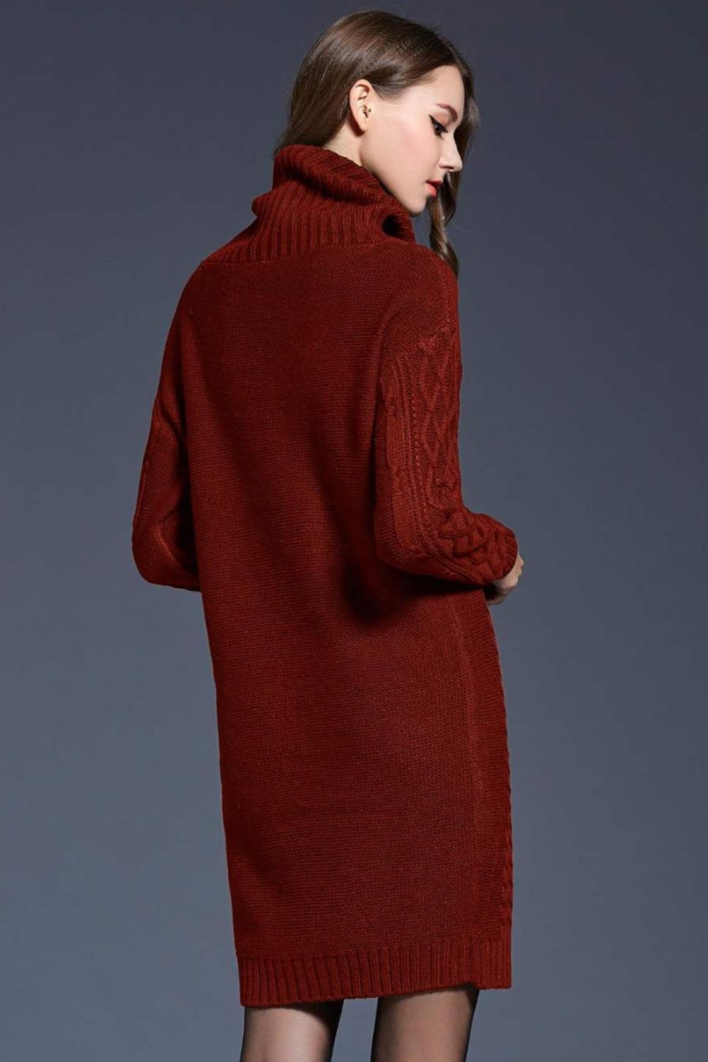 Mixed Knit Turtle Neck Dropped Shoulder Sweater Dress