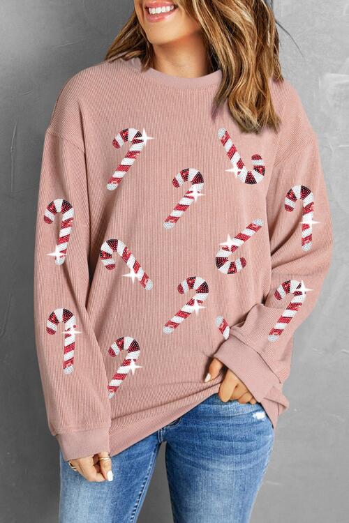 Sequin Candy Cane Round Neck Sweatshirt