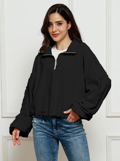 Half-Zip Collared Drop Shoulder Fleece Sweatshirt