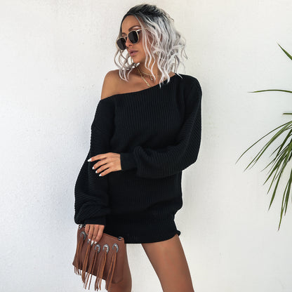 Off Shoulder Lantern Sleeve Knitted Sweater Dress