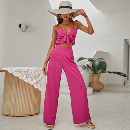 Rose Spagetti Strap V-Neck Ruffle Set