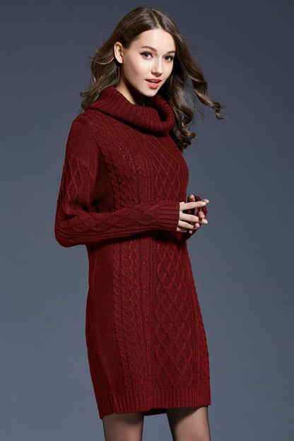 Mixed Knit Turtle Neck Dropped Shoulder Sweater Dress