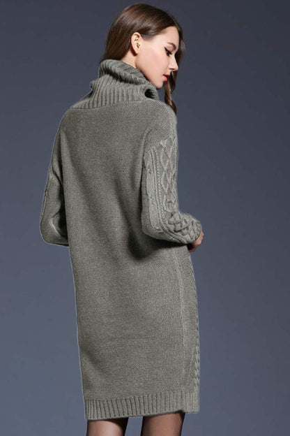 Mixed Knit Turtle Neck Dropped Shoulder Sweater Dress