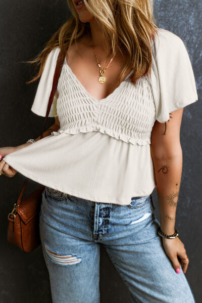 Frill Ruched V-Neck Short Sleeve Blouse