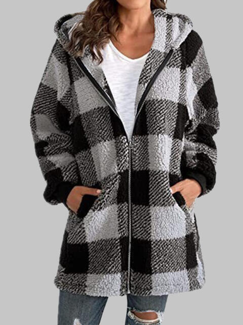 Plaid Zip-Up Hooded Jacket with Pockets